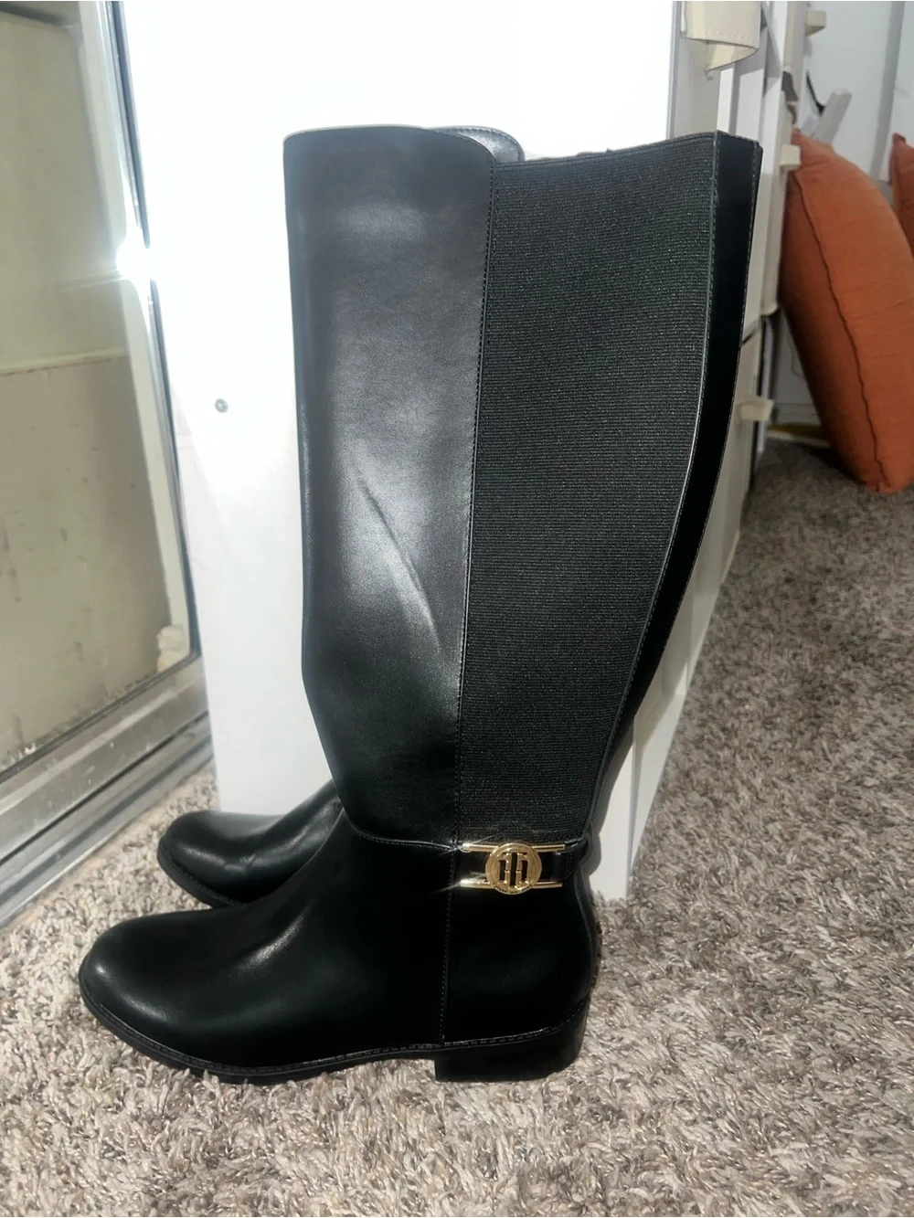Black Knee-High Women's Riding Boots with Gold Accent *** FLASHH SALEEE***